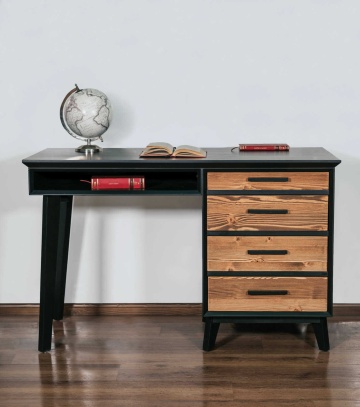 Birou Terra Home cu 4 sertare, lemn masiv si mdf negru, 120 x 60 x 76 cm - Img 3
