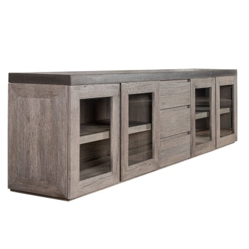 Bufet cu vitrina Alaska, 3 sertare si 4 usi, lemn masiv stejar + microciment, 254 x 46 x 71 cm - Img 1