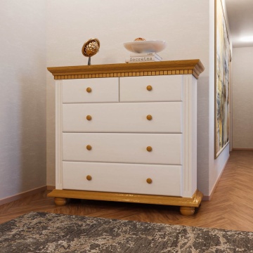 Comoda dormitor Teodora cu 5 sertare, lemn masiv, 114 x 45 x 92 cm, alb unt/miere