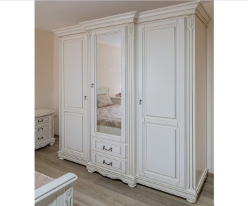 Dulap dormitor Diana Classic Stil, 3 usi si 2 sertare, finisaj alb cu patina, 182 x 67 x 218 cm - Img 1