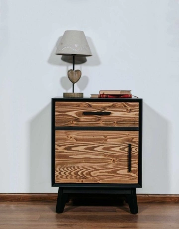 Noptiera Terra Home cu 1 usa si 1 sertar, lemn masiv si mdf negru, 50 x 40 x 64 cm - Img 3