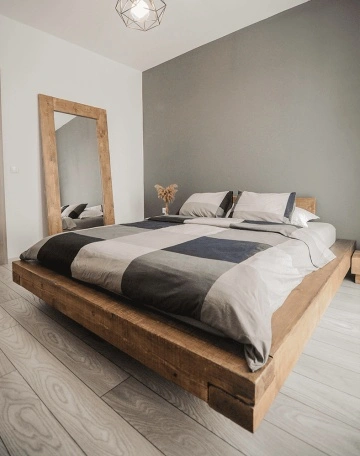 Pat lemn masiv pin model Chania, grinzi solide rustice, 140 cm, 160 cm, 180 cm sau 200 x 200 cm