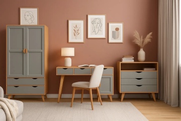 Set Mobilier dormitor Matteo, stil scandinav, dulap, birou si comoda - Img 1