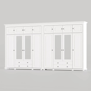 Dulap Elena 8 usi, 4 sertare si suprapozabil lemn masiv alb unt, 387.6 × 58 × 240 cm