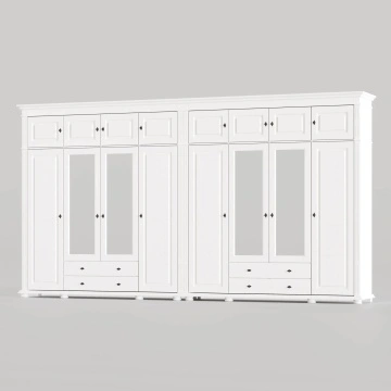 Dulap Elena 8 usi, 4 sertare si suprapozabil lemn masiv alb unt, 387.6 × 58 × 240 cm