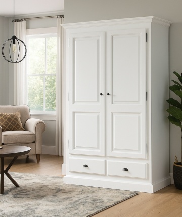Dulap Inka cu 2 usi si 2 sertare Lemn Masiv vopsit alb, 126 x 61 x 202 cm - Img 1