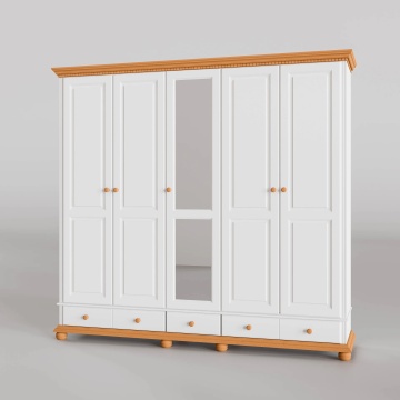 Dulap Teodora 5 usi si 3 sertare, lemn masiv, 258.8 x 62 x 240 cm, alb unt/miere - Img 3
