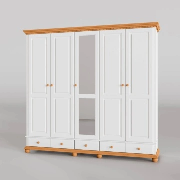 Dulap Teodora 5 usi si 3 sertare, lemn masiv, 258.8 x 62 x 240 cm, alb unt/miere - Img 3