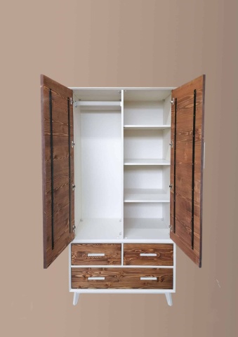 Dulap Terra Home cu 2 usi si 3 sertare, lemn masiv si mdf alb, 100 x 55 x 200 cm - Img 3