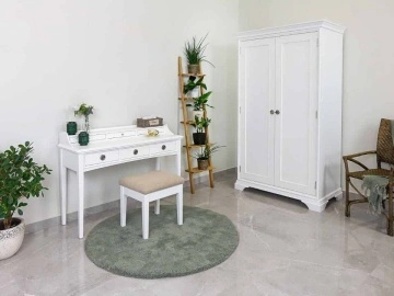 Masa de toaleta Aurelia cu taburet tapitat, lemn masiv alb, 120 x 45 x 92 cm - Img 3