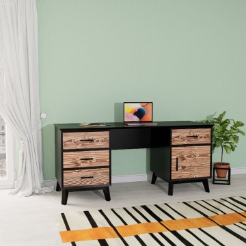 Birou Terra Home, 1 usa si 4 sertare, lemn masiv si mdf negru, 164 x 60 x 76 cm - Img 1