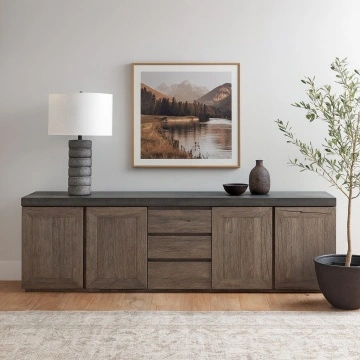 Bufet Alaska cu 3 sertare si 4 usi, lemn masiv stejar + microciment, 254 x 46 x 71 cm