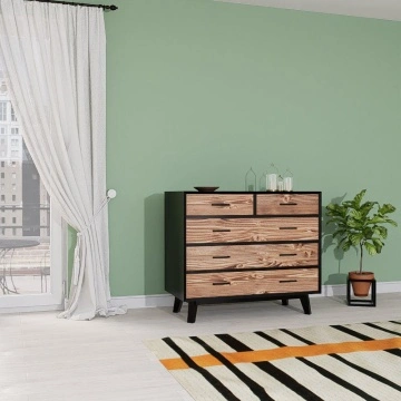 Comoda Terra Home cu 3+2 sertare, lemn masiv si mdf negru, 98 x 45 x 85 cm