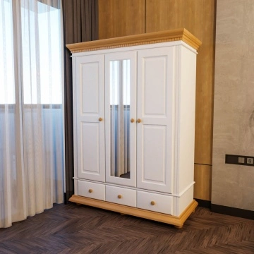 Dulap dormitor Teodora cu 3 usi si 2 sertare, lemn masiv, 153.6 x 58 x 201 cm, alb unt/miere