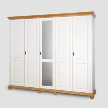 Dulap dormitor Teodora cu 5 usi, lemn masiv, 258.8 x 62 x 220 cm, alb unt/miere - Img 4