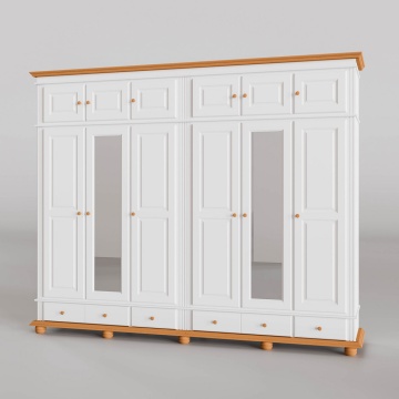 Dulap inalt Sara 6 + 6 usi si 4 sertare lemn masiv, 296 x 58 x 241 cm, alb unt + miere