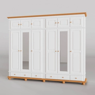 Dulap inalt Sara 6 + 6 usi si 4 sertare lemn masiv, 296 x 58 x 241 cm, alb unt + miere