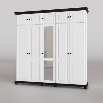 Dulap Teodora 5 usi si suprapozabil lemn masiv, 258.8 x 62 x 260 cm, alb unt/nuc
