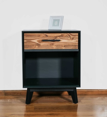Noptiera Terra Home cu 1 sertar si nisa, lemn masiv si mdf negru, 50 x 40 x 64 cm - Img 3