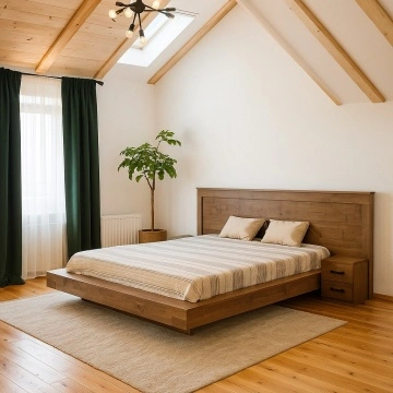 Pat lemn masiv pin model Caledon, grinzi solide rustice, 140 cm, 160 cm, 180 cm, 200 x 200 cm