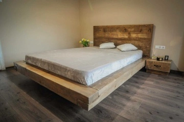 Pat lemn masiv pin model Pireus, grinzi solide rustice, 140 cm, 160 cm, 180 cm sau 200 x 200 cm - Img 2
