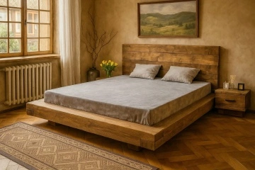 Pat lemn masiv pin model Pireus, grinzi solide rustice, 140 cm, 160 cm, 180 cm sau 200 x 200 cm