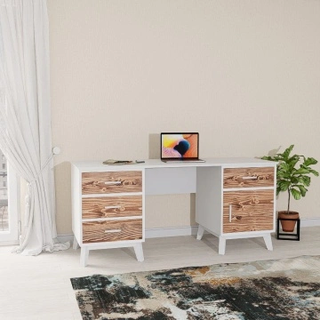 Birou Terra Home, 1 usa si 4 sertare, lemn masiv si mdf alb, 164 x 60 x 76 cm