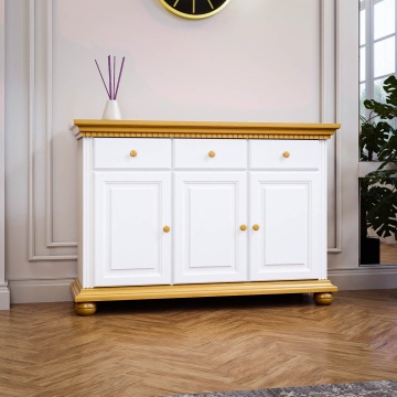 Comoda dormitor Teodora, 3 usi si 3 sertare, lemn masiv, 130 x 47.5 x 100 cm, alb unt/miere
