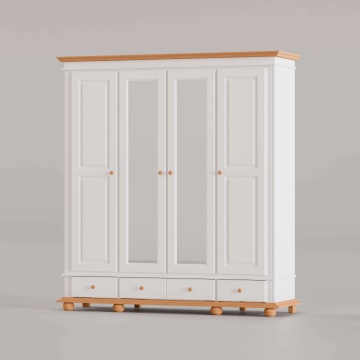 Dulap 4 usi si 3 sertare Sara, lemn masiv, 197 x 58 x 220 cm, alb unt + miere
