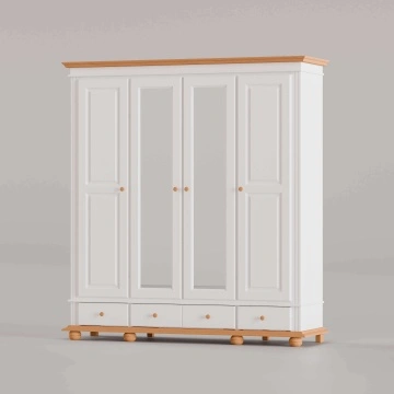 Dulap 4 usi si 3 sertare Sara, lemn masiv, 197 x 58 x 220 cm, alb unt + miere