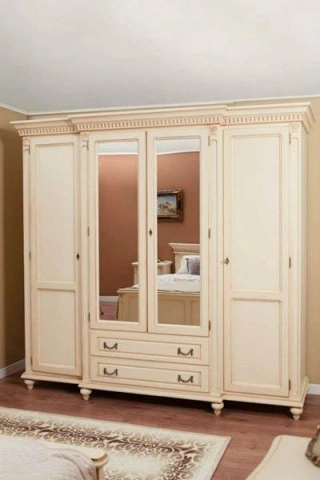Dulap dormitor Francesca Classic Stil, 4 usi si 2 sertare, crem cu patina, 234 x 67 x 218 cm