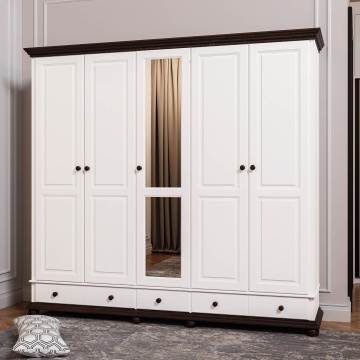 Dulap Teodora 5 usi si 3 sertare lemn masiv, 258.8 x 62 x 240 cm, alb unt/nuc