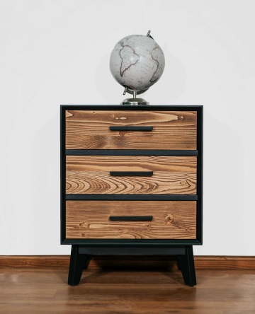 Noptiera Terra Home cu 3 sertare, lemn masiv si mdf negru, 50 x 40 x 64 cm - Img 3