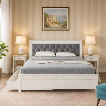 Pat tapitat gri cu sertar Noblesse, Lemn masiv alb, 140 cm, 160 cm sau 180 x 200cm