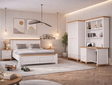 Set Mobila Dormitor Sara lemn masiv, 4 piese, finisaj alb unt + miere