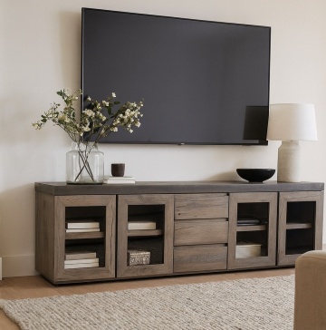 Bufet cu vitrina Alaska, 3 sertare si 4 usi, lemn masiv stejar + microciment, 254 x 46 x 71 cm