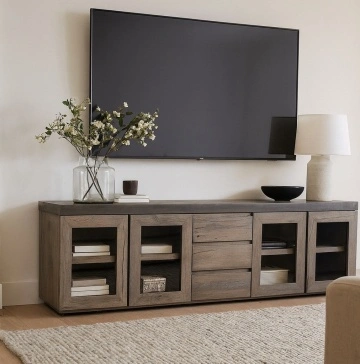 Bufet cu vitrina Alaska, 3 sertare si 4 usi, lemn masiv stejar + microciment, 254 x 46 x 71 cm