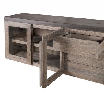 Bufet cu vitrina Alaska, 3 sertare si 4 usi, lemn masiv stejar + microciment, 254 x 46 x 71 cm - Img 2
