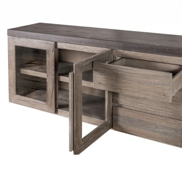 Bufet cu vitrina Alaska, 3 sertare si 4 usi, lemn masiv stejar + microciment, 254 x 46 x 71 cm - Img 3