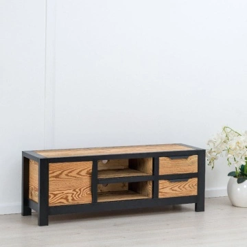 Comoda TV lemn masiv dormitor Rustic Loft 1 usa, 2 sertare si nisa, 140 x 40 x 50 cm - Img 2