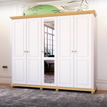Dulap dormitor Teodora cu 5 usi, lemn masiv, 258.8 x 62 x 220 cm, alb unt/miere
