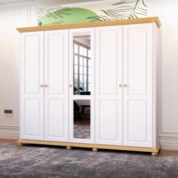 Dulap dormitor Teodora cu 5 usi, lemn masiv, 258.8 x 62 x 220 cm, alb unt/miere