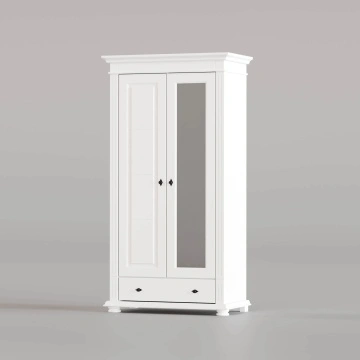 Dulap Elena 2 usi, oglinda si 1 sertar lemn masiv alb unt, 110 × 58 × 200 cm