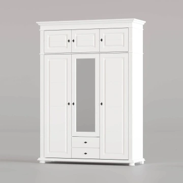 Dulap Elena 3 usi, 2 sertare si suprapozabil lemn masiv alb unt, 154 × 58 × 240 cm