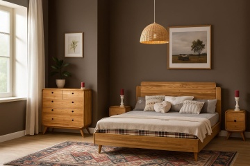 Set mobila dormitor lemn masiv periat Sahara, pat 140 x 200 cm, 2 noptiere si comoda - Img 1