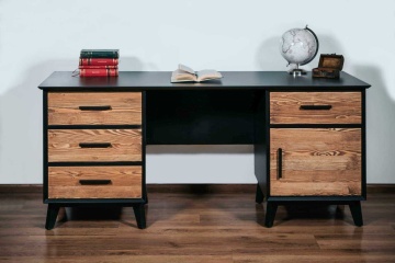 Birou Terra Home, 1 usa si 4 sertare, lemn masiv si mdf negru, 164 x 60 x 76 cm - Img 2