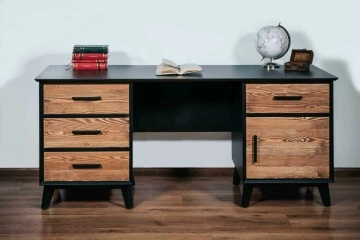Birou Terra Home, 1 usa si 4 sertare, lemn masiv si mdf negru, 164 x 60 x 76 cm - Img 2