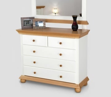 Comoda dormitor Teodora cu 5 sertare, lemn masiv, 114 x 45 x 92 cm, alb unt/miere - Img 1