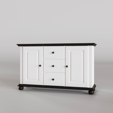 Comoda Sara, lemn masiv, 2 usi si 3 sertare, 144.3 x 45 x 86.5 cm, alb unt + nuc