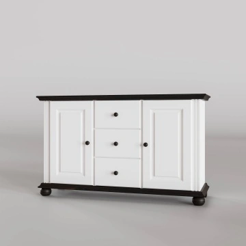 Comoda Sara, lemn masiv, 2 usi si 3 sertare, 144.3 x 45 x 86.5 cm, alb unt + nuc